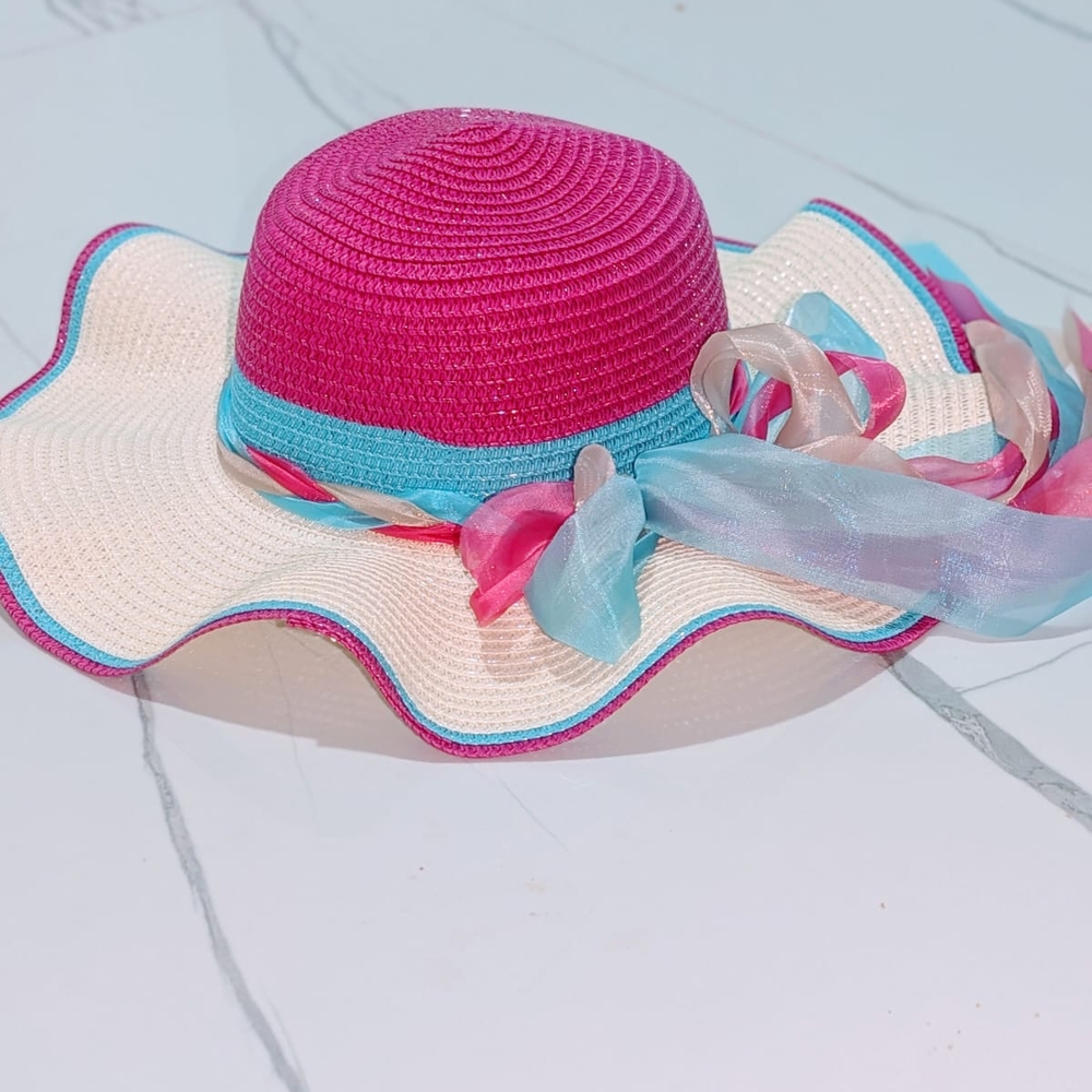 Coconut Girl Pink Crochet Straw Floppy Beach Hat Blue Ribbon Bow
